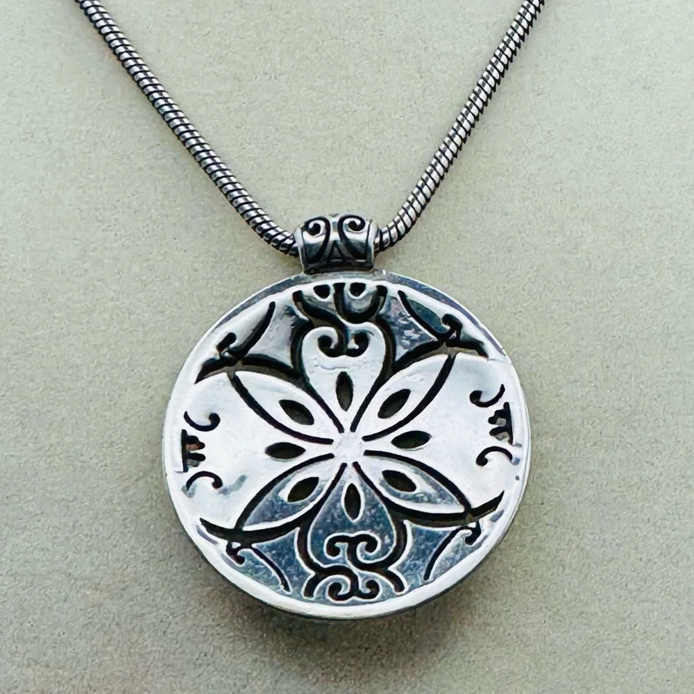 Retired Brighton Florencia Crystal Silver Filigree Disc Pendant Necklace